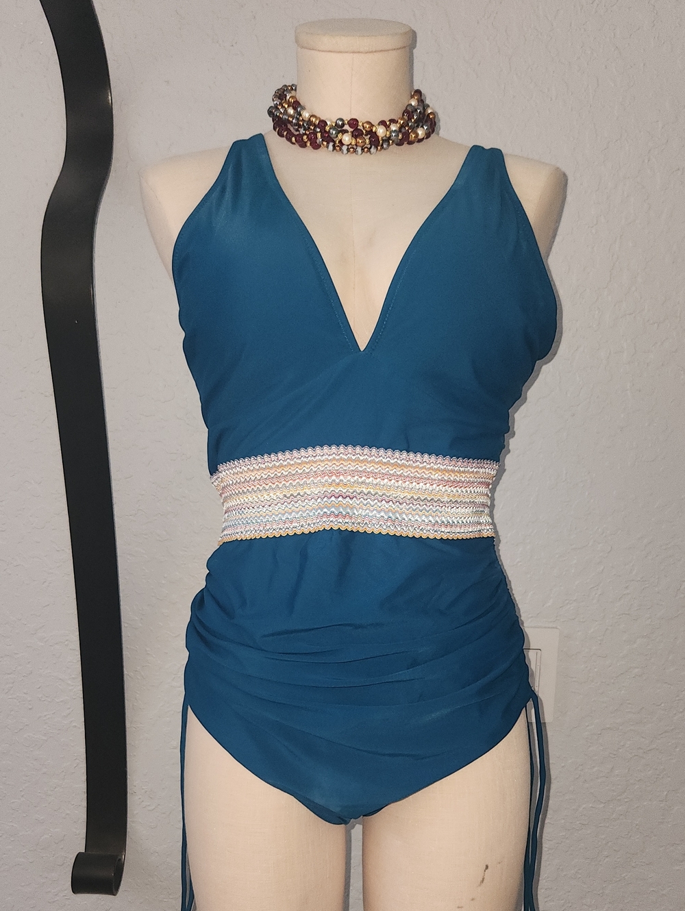 Teal One-Piece Swimsuit with Embellished Waistband